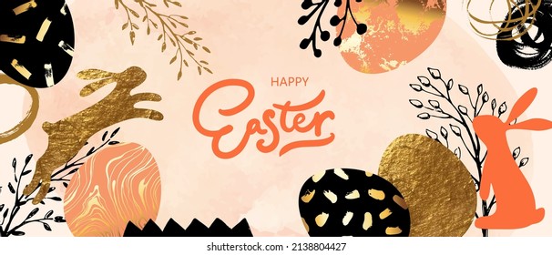 Happy Easter banner. Hand drawn grunge textures. Golden eggs, hair, rabbit, botanical elements, abstract forms.