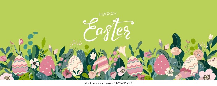 Happy Easter banner with hand drawn lettering text and colorful eggs, leaves and flowers. Beautiful floral background, cute panorama card for festive invitation, design elements. Vector illustration.