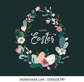 Happy Easter banner with hand drawn lettering text and egg frame from color leaves, flowers and eggs on dark background. Decorative card for festive invitation, design elements. Vector illustration.