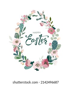 Banner feliz de Pascua con texto escrito a mano y marco de huevo de hojas de color, flores sobre fondo blanco. Tarjeta decorativa linda para invitación festiva, elementos de diseño. Ilustración vectorial.