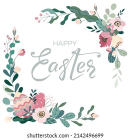 Happy Easter banner with hand drawn lettering text and colorful eggs, leaves and flowers. Beautiful floral background, cute card for festive invitation, design elements. Vector illustration.