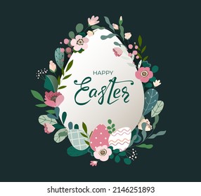 Happy Easter banner with hand drawn lettering text and egg frame from color leaves, flowers and eggs on dark background. Decorative card for festive invitation, design elements. Vector illustration