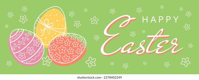 Banner de Happy Easter con huevos de Pascua pintados a mano y de fondo verde. Plantilla de banner decorativa creativa, tarjeta de saludo. Ilustración vectorial en estilo doodle.