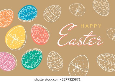 Happy Easter banner with hand drawn colored Easter eggs isolated on brown background. Creative decorative frame template, greeting card. Vector illustration in doodle style.