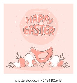 Happy Easter banner. Hand drawn Chicken with with chicks, Easter eggs and plants in pastel colors. Vector illustration poster, greeting card