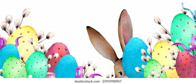 Happy Easter banner. Hand drawn easter bunny design. Horizontal poster for greeting card, web header, textiles, banners, wallpapers, wrapping - vector design. Isolated on white background.