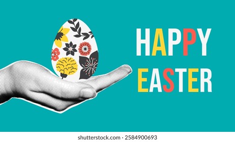 Happy Easter banner with hand and egg. Greeting design vector illustration