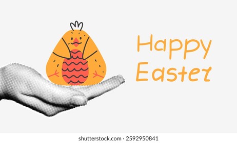 Happy Easter banner with hand and funny chick. 