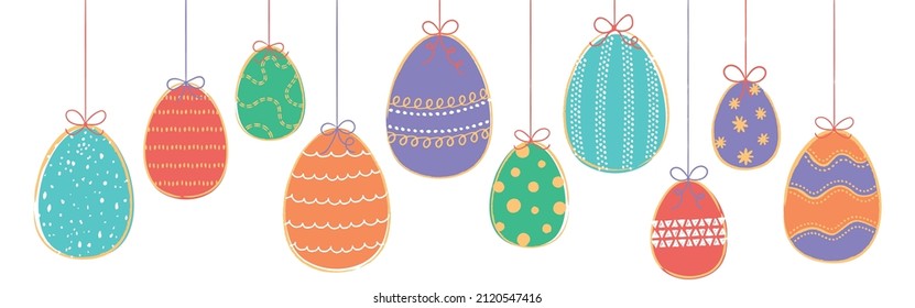 Happy Easter banner. Hand painted strokes, sketched outline and patterns, eggs in bright colors. Modern minimal style. Horizontal poster, greeting card, header for website