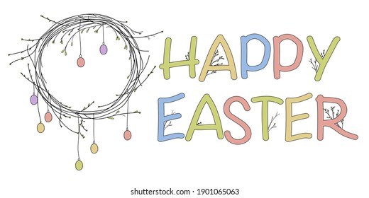 
Happy Easter banner with hand-drawn Easter wreath, eggs and multicolored lettering on a white background. Vector illustration in doodle style.