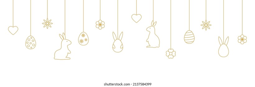 Banner feliz de Pascua con burbujas colgantes. Fondo de vacaciones con conejito, huevos, flores, corazones con íconos de arte. Feliz patrón de primavera. Frontera festiva de caricaturas. Marco de saludo. Ilustración vectorial.