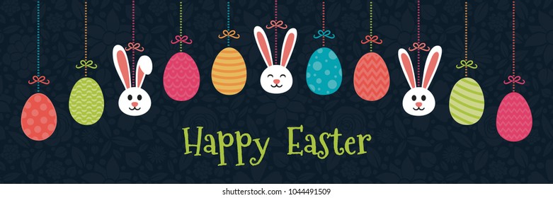 Happy Easter - banner with hanging bunnies and eggs. Vector.