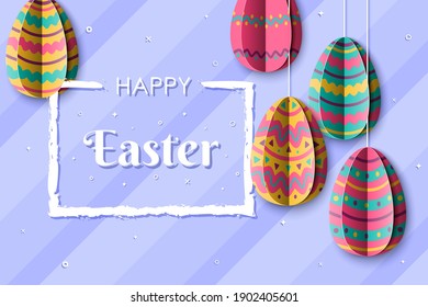 Happy Easter banner with hanging Eggs in Paper Cut style. Greeting card with cut out origami elements on a blue background. Vector illustration