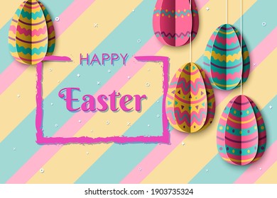 Happy Easter banner with hanging Eggs in Paper Cut style. Greeting card with cut out origami elements on a pastel background. Vector illustration