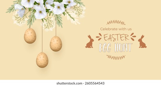 Happy Easter banner with hanging eggs, white flowers, hand drawn plants and egg hunt lettering