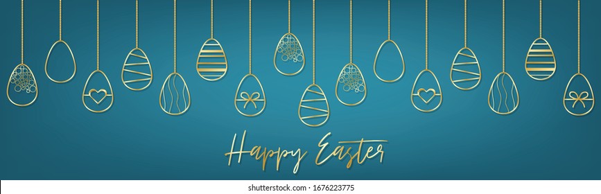 Happy Easter banner or header. Golden eggs garland decoration for newsletter, advertisement, or party invitation. Vector ilustration.