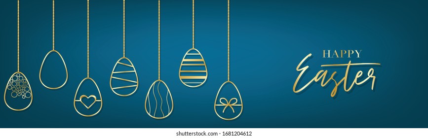 Happy Easter banner or header. Golden eggs garland decoration for newsletter, advertisement, or party invitation. Vector ilustration.