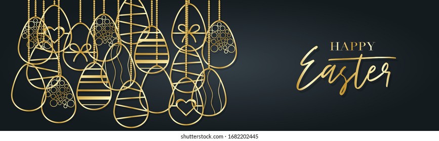 Feliz banner o encabezado de Pascua. Huevos dorados decoración de guirnaldas sobre fondo negro para boletín, publicidad o invitación de fiesta. Ilustración vectorial.