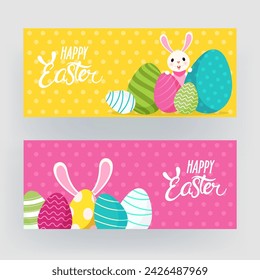 Happy Easter Banner or Header Set with Colorful Painted Eggs with Cute Bunny on Yellow and Pink Background.