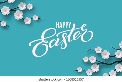 Happy Easter banner. Holiday concept design for greeting card, banner, poster, flyer, web. Happy Easter calligraphy lettering text, floral blue background. Paper cut out art style, vector illustration