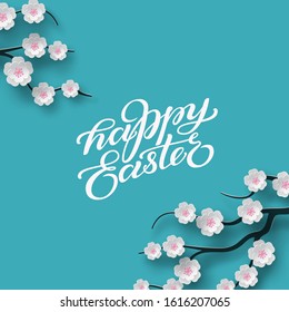 Happy Easter banner. Holiday concept design for greeting card, banner, poster, flyer, web. Happy Easter calligraphy lettering text, floral blue background. Paper cut out art style, vector illustration