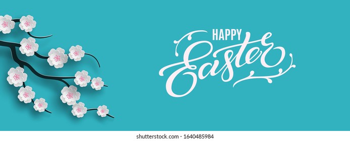 Happy Easter banner. Holiday concept design for greeting card, banner, poster, flyer, web. Happy Easter calligraphy lettering text, floral blue background. Paper cut out art style, vector illustration