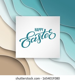 Cartel de Feliz Pascua. Diseño de concepto de vacaciones para tarjetas de felicitación, banner, afiche. Texto con letras de caligrafía de Pascua feliz, fondo abstracto de recorte de papel azul. Estilo de arte de corte de papel, ilustración vectorial