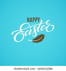 Happy Easter banner. Holiday concept design for greeting card, banner, poster, flyer, web. Happy Easter calligraphy lettering text, feather decorated, blue background. Flat design, vector illustration