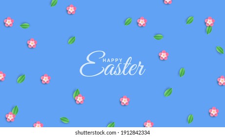 Happy Easter banner. Holiday concept design for greeting cards, banners, posters, flyers, web. Happy Easter calligraphy lettering text, floral blue background. Paper cut out art style, vector illustra