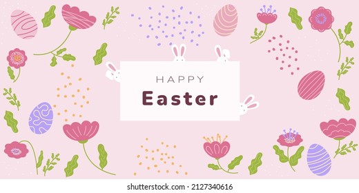 Cartel de Feliz Pascua. Concepto de vacaciones para tarjeta de saludo, banner, afiche, volante, web. Huevos de Pascua, conejos, flores de primavera, fondo. Ilustración del vector de dibujo manual