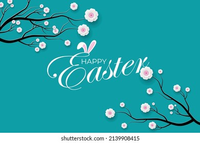 Happy Easter banner. Holiday concept design for greeting card, banner, poster, flyer, web. Happy Easter floral blue background. Paper cut out art style, vector illustration