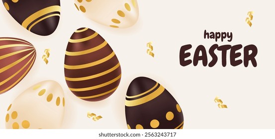 Happy Easter banner. Holiday greeting background with chocolate golden eggs. Template for ad, promotion, poster, flyer. Spring vector illustration of brown, beige colors