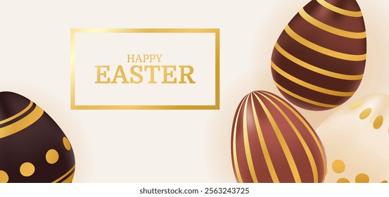 Happy Easter banner. Holiday greeting background with chocolate gold eggs. Template for advertisement, flyer, invitation, voucher. Vector illustration of brown, beige colors