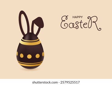 Happy Easter banner. Holiday greeting background with dark chocolate golden egg and bunny ears. Spring vector illustration