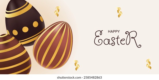 Happy Easter banner. Holiday greeting background with chocolate gold eggs. Template for advertisement, flyer, invitation, voucher. Vector illustration of brown, beige colors