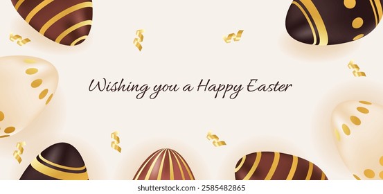 Happy Easter banner. Holiday greeting background with chocolate golden eggs. Template for social media, brochure, discount, presentation. Vector illustration of brown, beige colors
