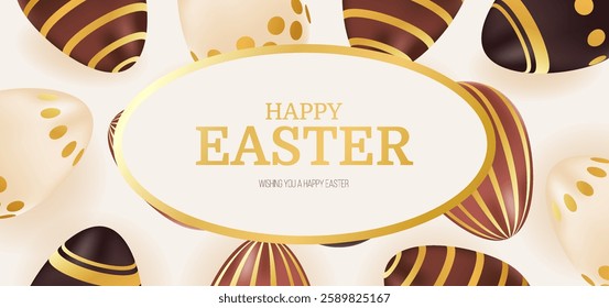 Happy Easter banner. Holiday greeting background with chocolate golden eggs. Template for advertisement, website, social post, invitation, voucher. Vector illustration of brown, beige colors