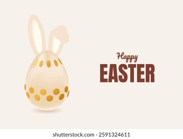 Happy Easter banner. Holiday greeting background with white chocolate golden egg and bunny ears. Spring vector illustration