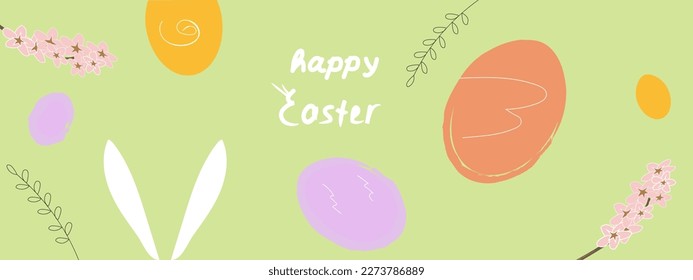 Happy Easter banner. Horizontal poster, greeting card. Trendy Easter design. Eggs, bunny ears in pastel colors. Text written by hand. Vector illustration.