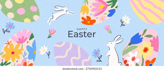 Happy Easter banner, horizontal poster, greeting card, header for website. Trendy Easter design with typography, hand drawn pattern with Easter eggs, spring flowers and Easter bunny. Modern art style.
