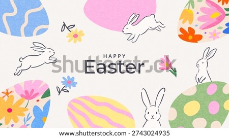 Happy Easter banner, horizontal poster, greeting card, header for website. Trendy Easter design with typography, hand drawn pattern with Easter eggs, spring flowers and Easter bunny. Modern art style.