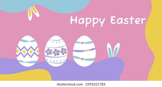 Happy Easter banner. Horizontal vector poster in flat hand draw style. Soft pink background with white, yellow, blue and purple decorative elements. Religions Easter card.