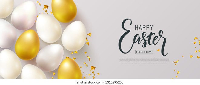 Happy Easter banner.Egg hunt. Beautiful Background with eggs and Golden serpentine. Vector illustration for website , posters,ads, coupons, promotional material