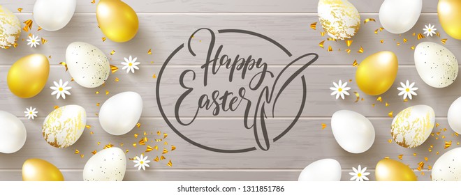 Happy Easter banner.Egg hunt. Golden and white eggs,chamomiles and serpentine on wooden background. Vector illustration for website , posters,ads, coupons, promotional material