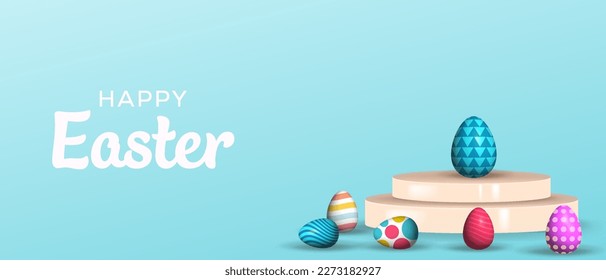 happy easter banner illustration with 3d podium and colorful eggs