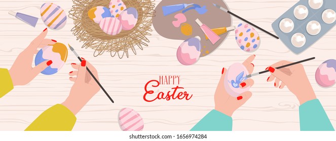 Happy Easter banner Illustration. Female hands paint and decorate Easter eggs with paints, Top view. Hand drawn colored trendy vector illustration. Cartoon style. Editable vector illustration