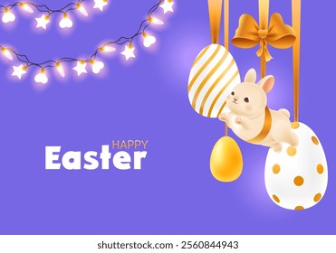 Happy Easter banner with jumping bunny, decorative eggs and sparkling garland. Gift ribbon with bows holds rabbit and Easter eggs. Holiday poster, flyer, brochure or greeting card. Vector illustration