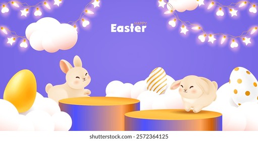 Happy Easter banner with jumping bunny on the podium surrounded by clouds and decorative eggs. Sparkling garland on top violet background. Decor web template. Vector illustration