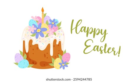 Happy Easter! Banner with lettering and Easter cake. Greeting card, poster, background. Christian spring holiday. Flat illustration.