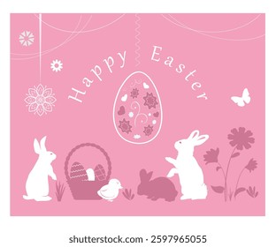 Happy Easter. Banner with little animals for easter design on pink background. Vector illustration.	